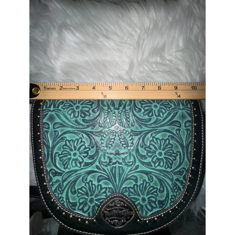Trinity Ranch Western Tooled Faux‎ Leather Crossbody Bag Turquoise Black Studded